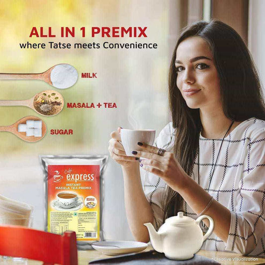 Amazon Cafe express masala tea premix 1kg package with woman enjoying hot tea and ingredients shown