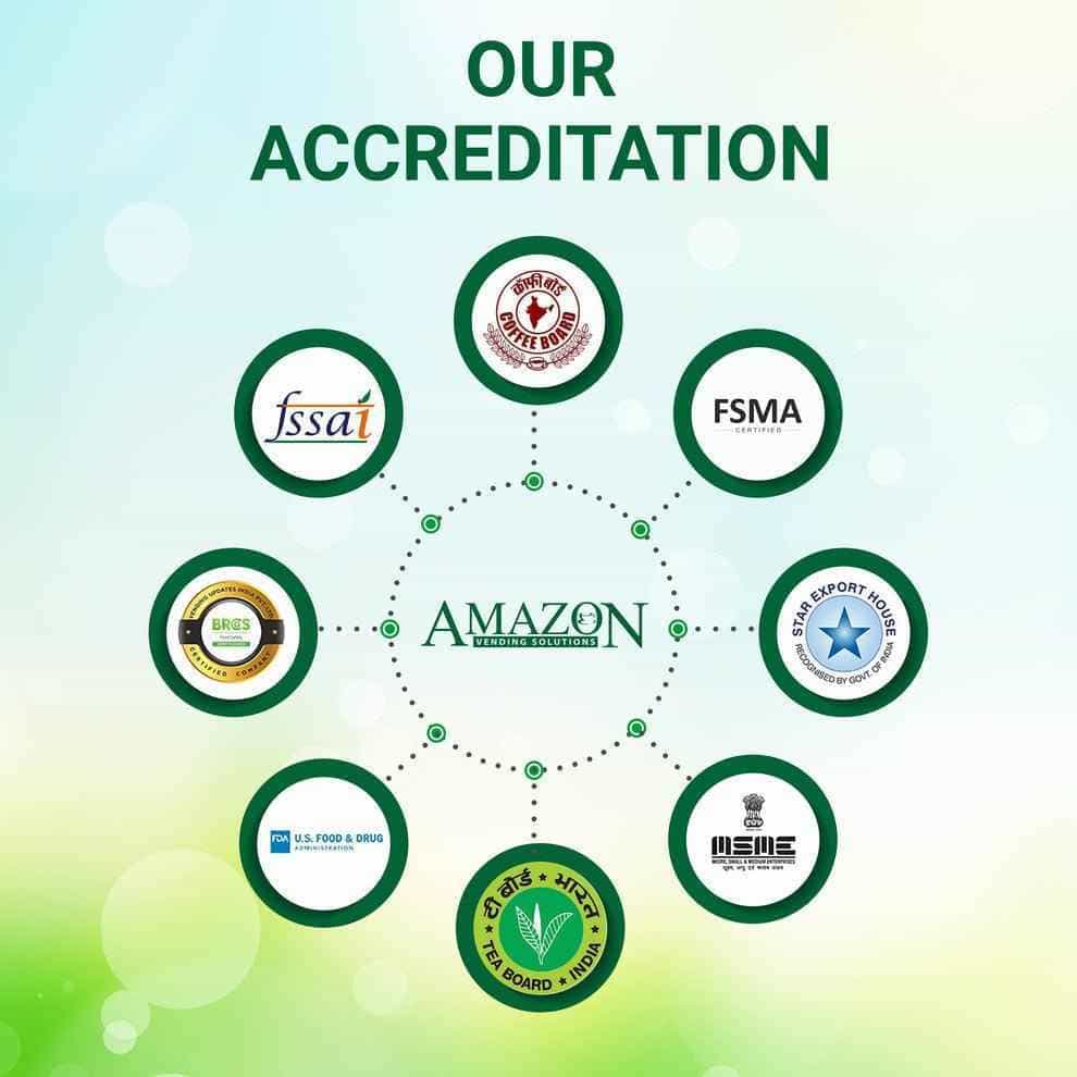 Certification logos showcasing accreditation for AMAZON Plus 3-in-1 Cardamom Tea Premix by Tea coffee vending service