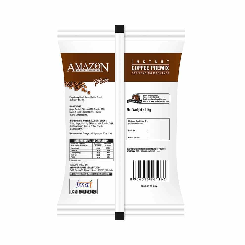 Amazon Plus coffee premix 1 kg white and brown packet by TEA COFFEE VENDING SERVICE for vending machines