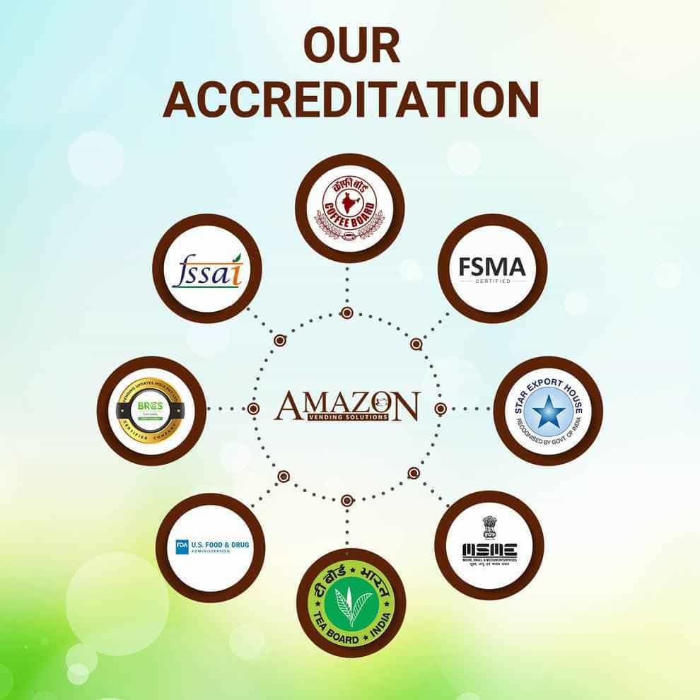 Certification logos showcasing Amazon rich coffee premix accreditations by food and quality authorities