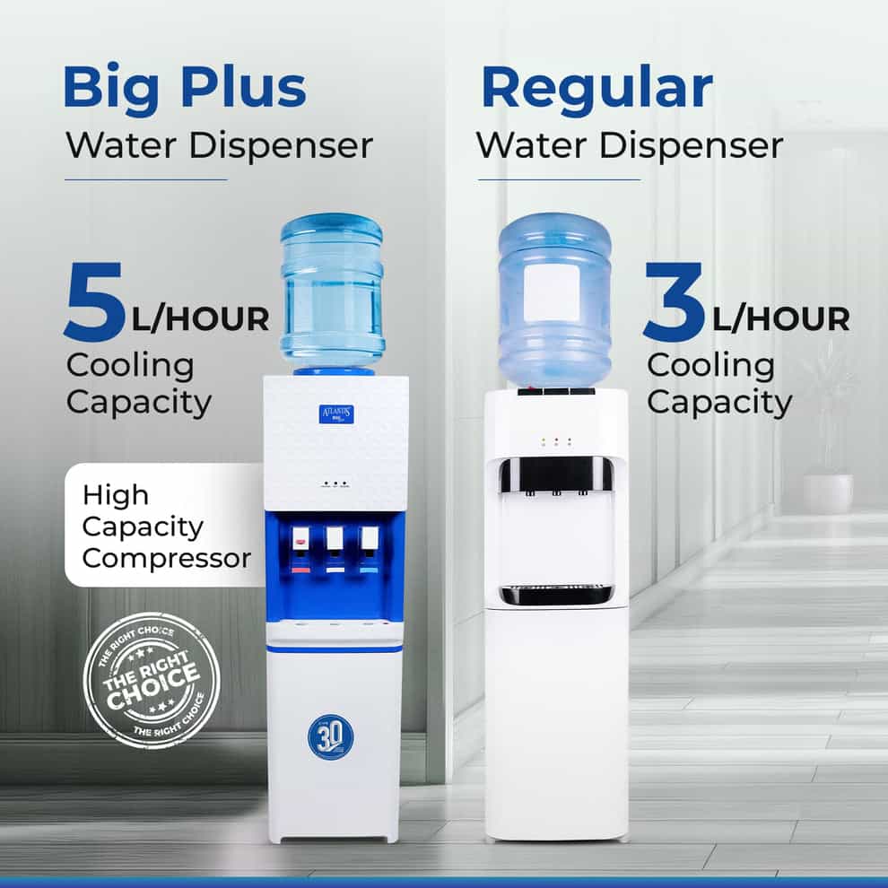 Atlantis Big Plus water dispenser with 5 liters per hour cooling capacity beside regular water dispenser with 3 liters per hour cooling