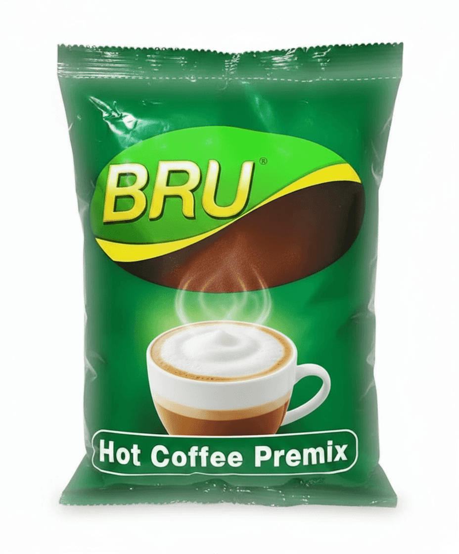 Bru coffee premix 1kg pack with green packaging and cup of hot coffee image