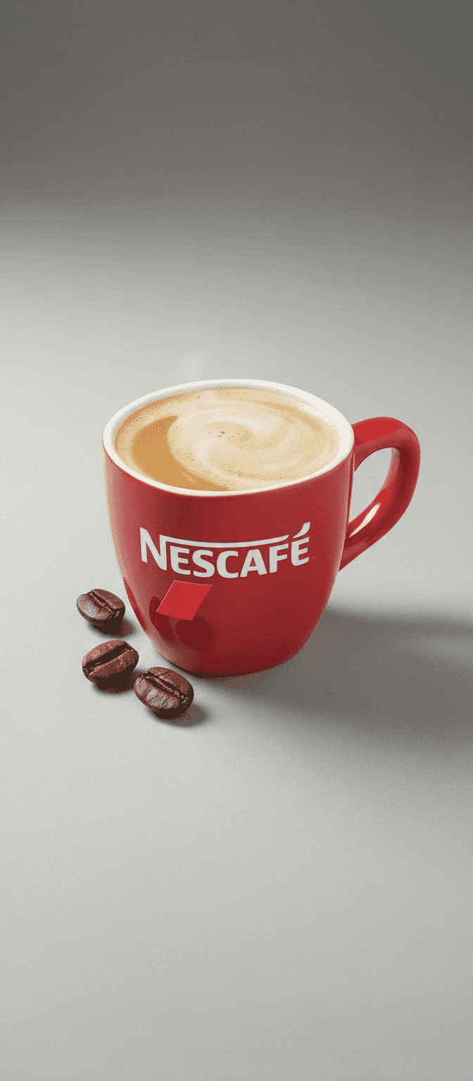 Red Nescafe mug filled with creamy coffee and coffee beans nearby Nescafe premium coffee for vending machines