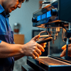 Barista preparing coffee using a tea coffee machine AMC Delhi in a modern cafe setting