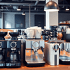 Modern coffee machines displayed at a Coffee Machine Dealer in Noida showroom with various models and styles