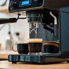 Black coffee machine brewing espresso with two cups on the tray representing best coffee machines in Noida