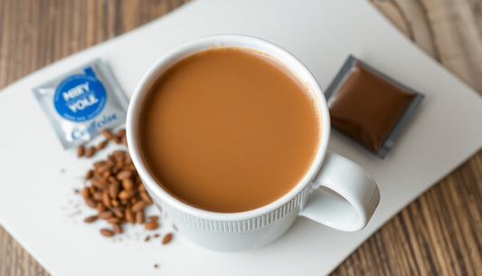 A cup of mocha coffee with coffee powder packets