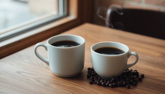 A steaming cup of black coffee on a wooden table