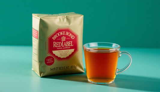 A cup of instant tea beside Brooke Bond Red Label packaging