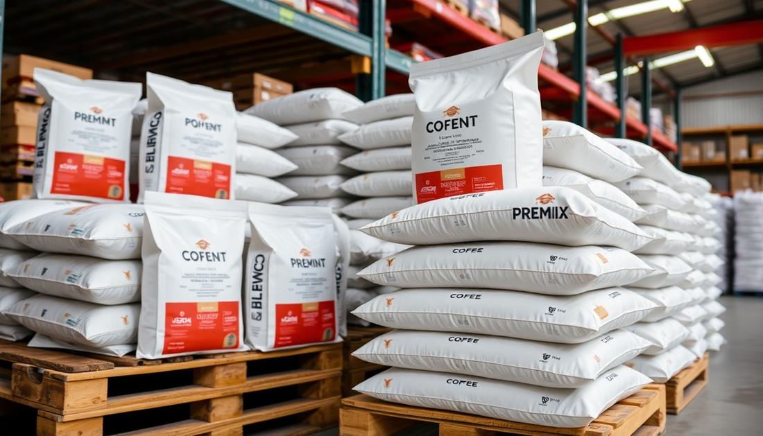 Bulk coffee premix packages stacked in warehouse