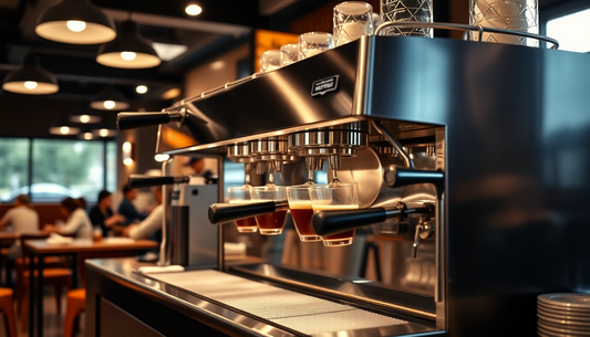 A large commercial coffee machine brewing espresso in a busy restaurant