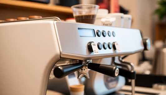 A sleek coffee machine with price tags displayed