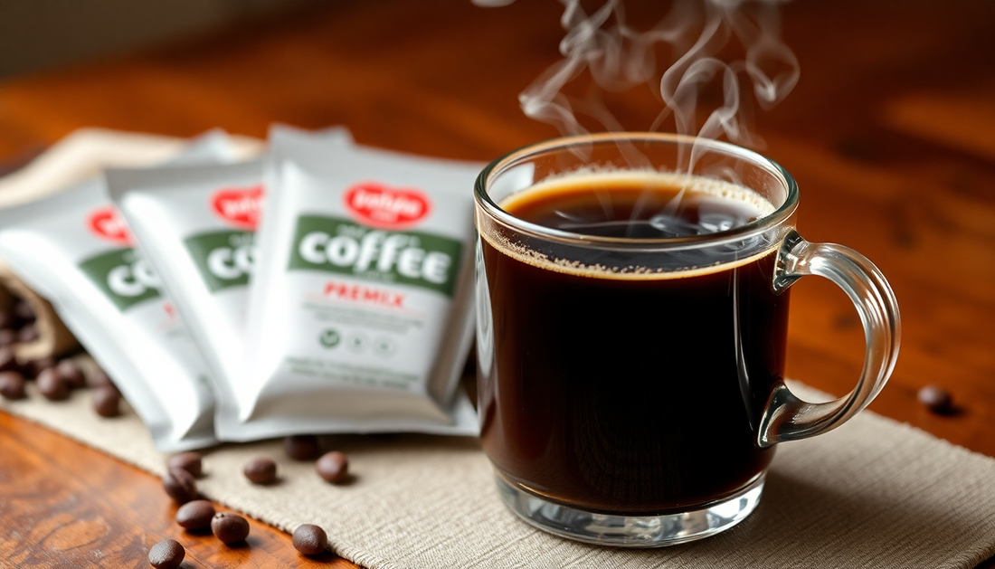 A steaming cup of coffee with coffee premix packets