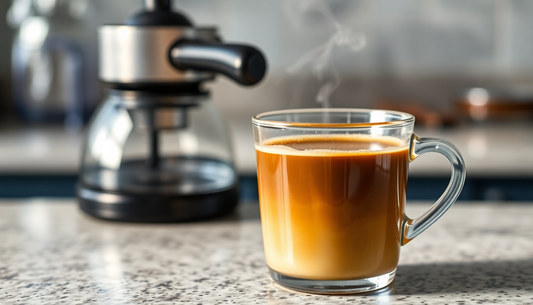 A steaming cup of strong premixed coffee on a counter