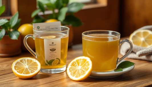A cup of lemon tea next to an instant tea premix packet