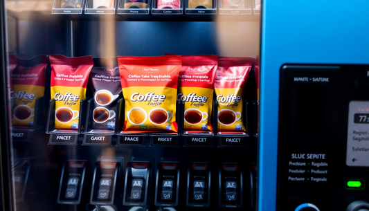 A vending machine dispensing coffee premix sachets