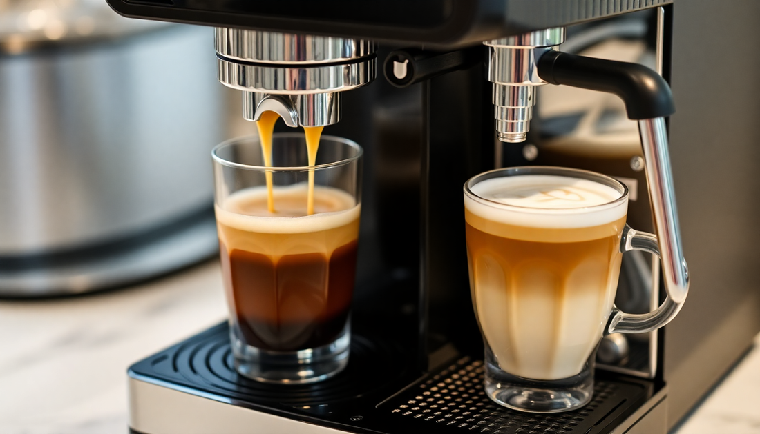 A modern coffee machine brewing latte and cappuccino
