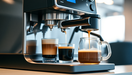 Modern coffee machine brewing fresh coffee in office