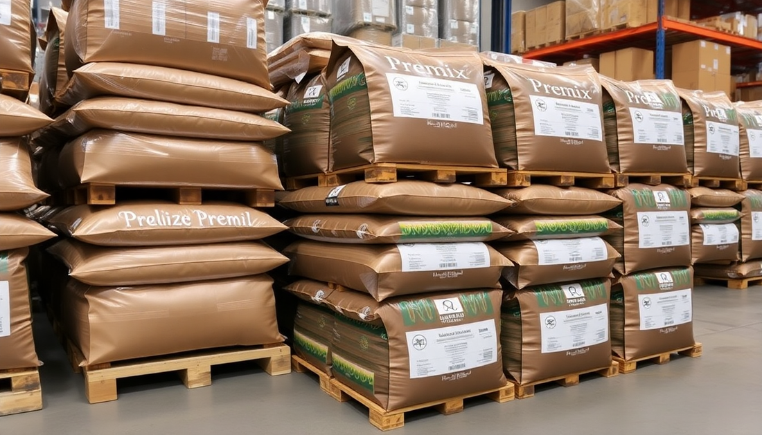 Bulk coffee premix packages stacked in warehouse