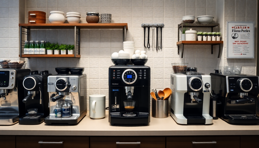Various coffee machines displayed in an office kitchen
