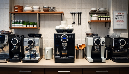 Various coffee machines displayed in an office kitchen