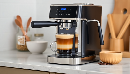 A sleek bean to cup coffee machine brewing fresh coffee