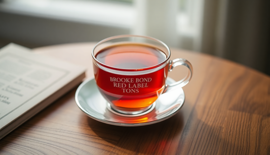 A cup of Brooke Bond Red Label tea on wooden table