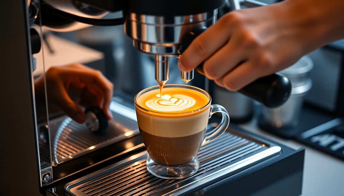A modern coffee machine brewing latte art