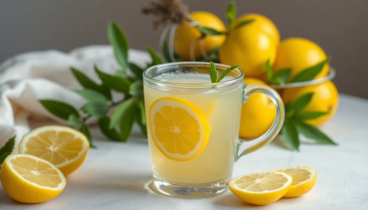 A cup of steaming lemon tea with fresh lemons