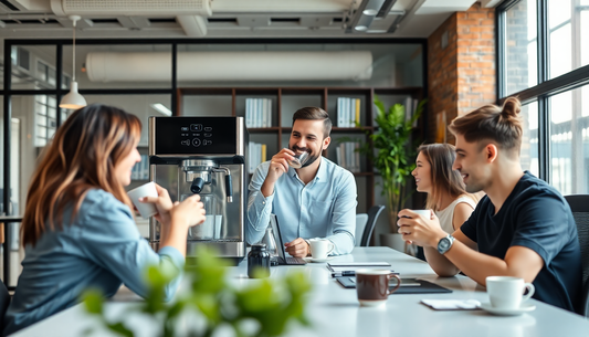 Modern office with coffee machine and employees enjoying coffee