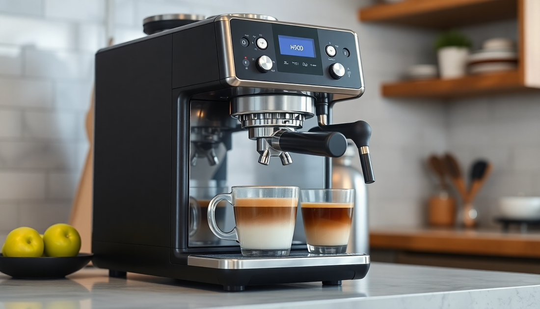 A sleek coffee machine brewing fresh coffee in a kitchen
