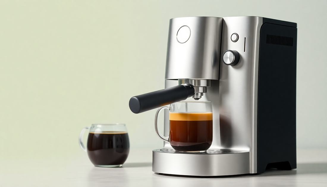 A sleek cappuccino coffee machine brewing coffee
