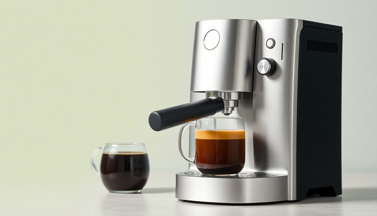 A sleek cappuccino coffee machine brewing coffee