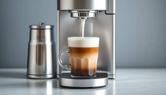 A modern coffee maker brewing cappuccino with milk frother