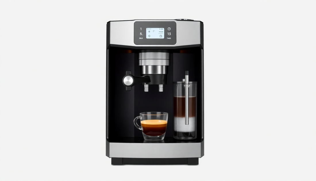 A sleek fully automatic coffee machine brewing espresso
