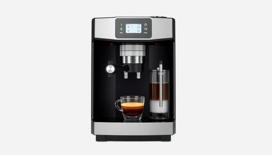 A sleek fully automatic coffee machine brewing espresso