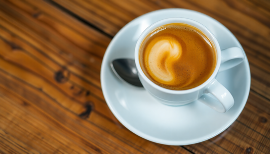 A cup of rich espresso coffee on a wooden table