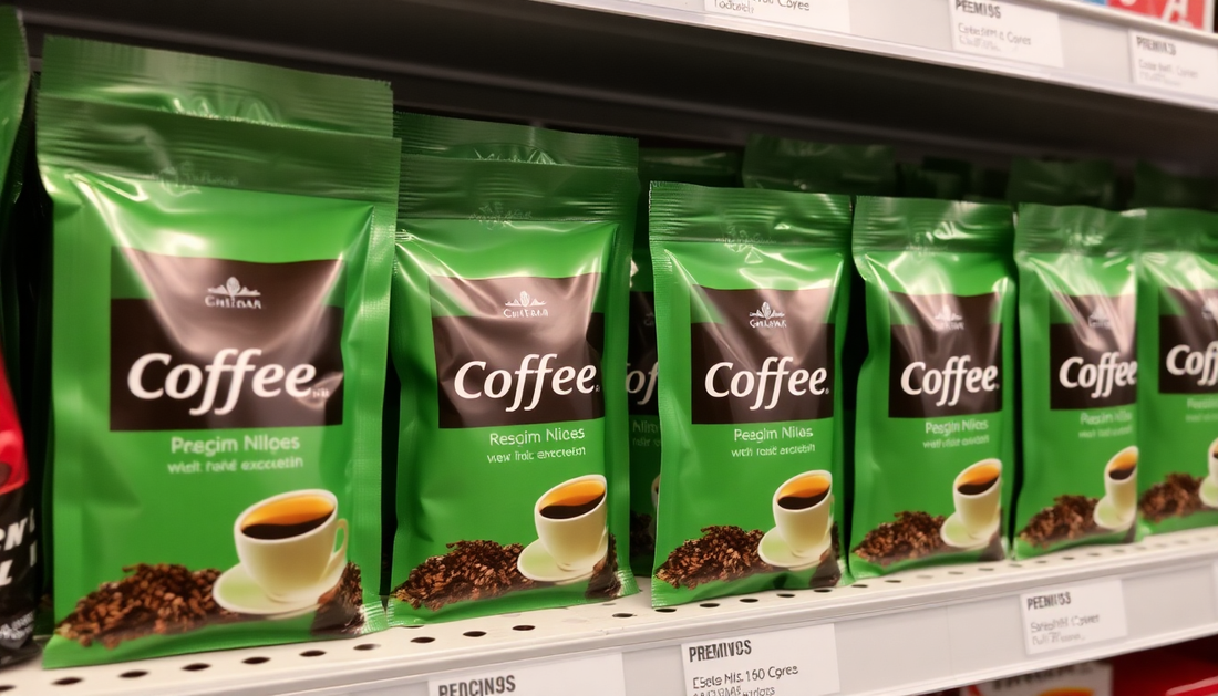 Coffee premix packets arranged on a dealer's display shelf
