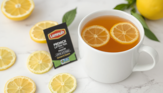 A cup of lemon tea with lemon slices and tea premix packet