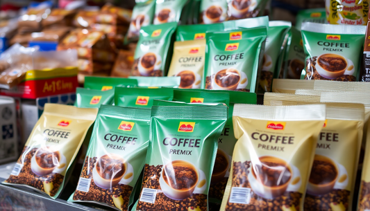 Coffee premix packets arranged in a Delhi market stall
