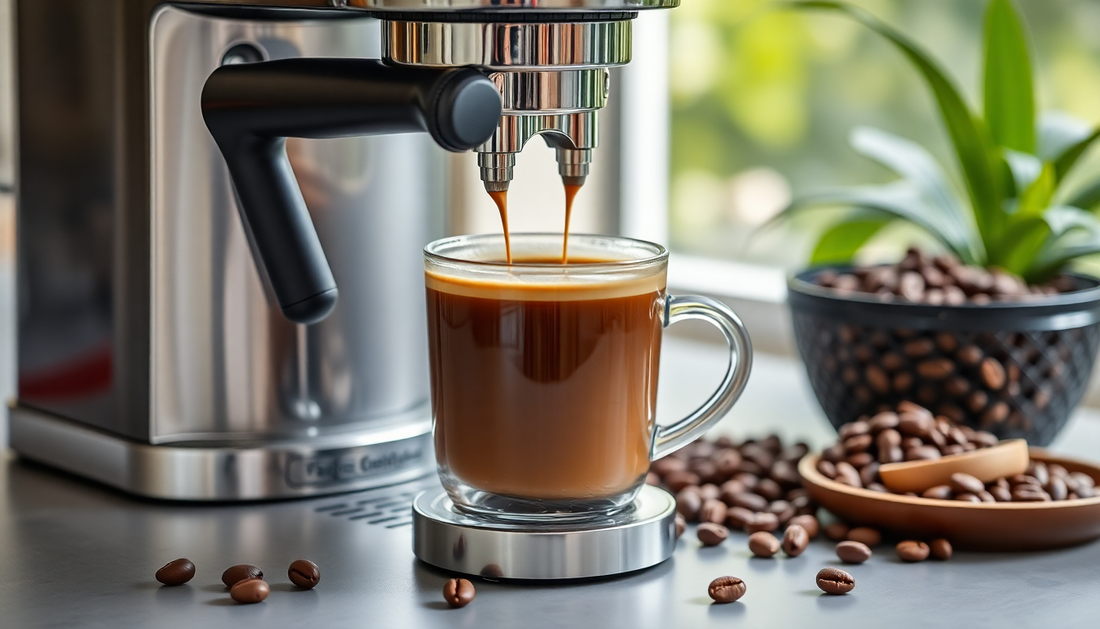 A modern bean to cup coffee machine brewing fresh coffee