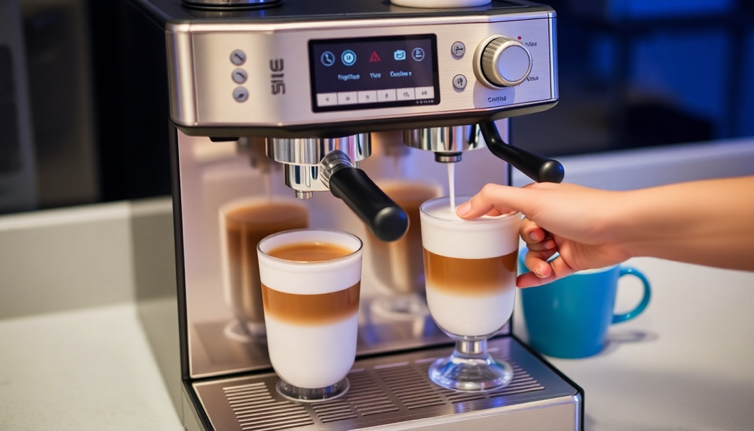Modern office coffee machine with integrated milk frother