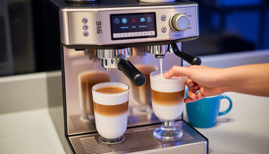 Modern office coffee machine with integrated milk frother