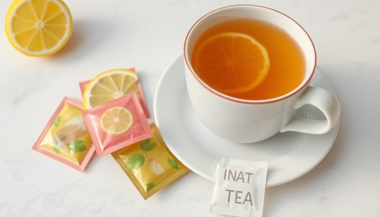 A cup of lemon tea with instant tea sachets beside it