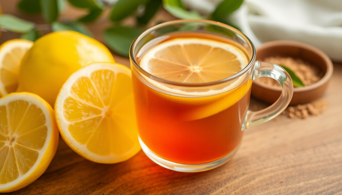 A cup of lemon tea with lemon slices and tea powder