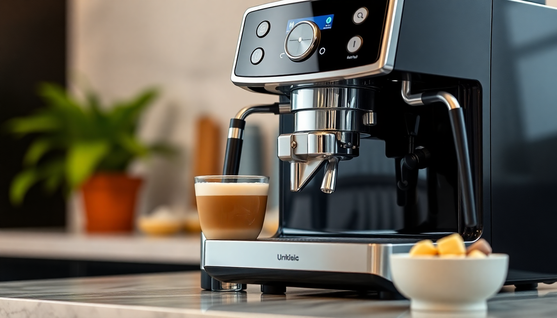 A sleek superautomatic espresso machine making a latte