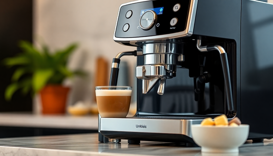 A sleek superautomatic espresso machine making a latte