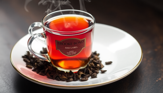 A steaming cup of Brooke Bond Red Label tea with tea leaves