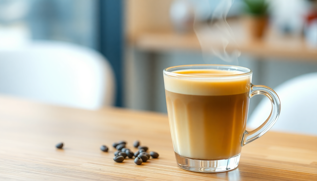 A steaming cup of latte coffee premix on a table