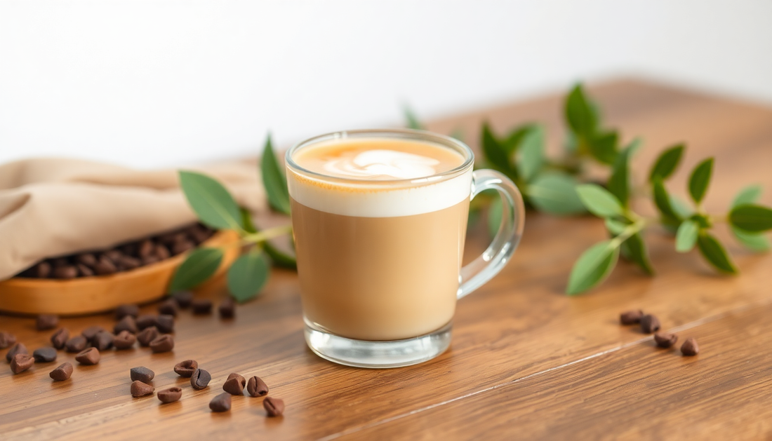 A cup of diabetic coffee premix on a wooden table